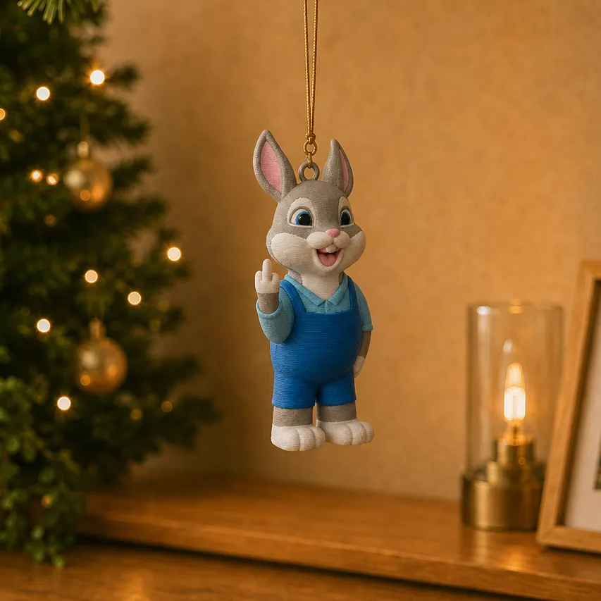 Konijnfiguur met blauwe tuinbroek hangt aan een goudkleurig koord voor een verlichte kerstboom.