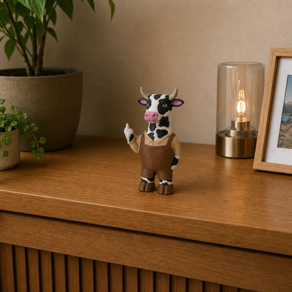 Staand koeienbeeldje met opgeheven vinger op een houten plank, naast een lamp en ingelijste foto.