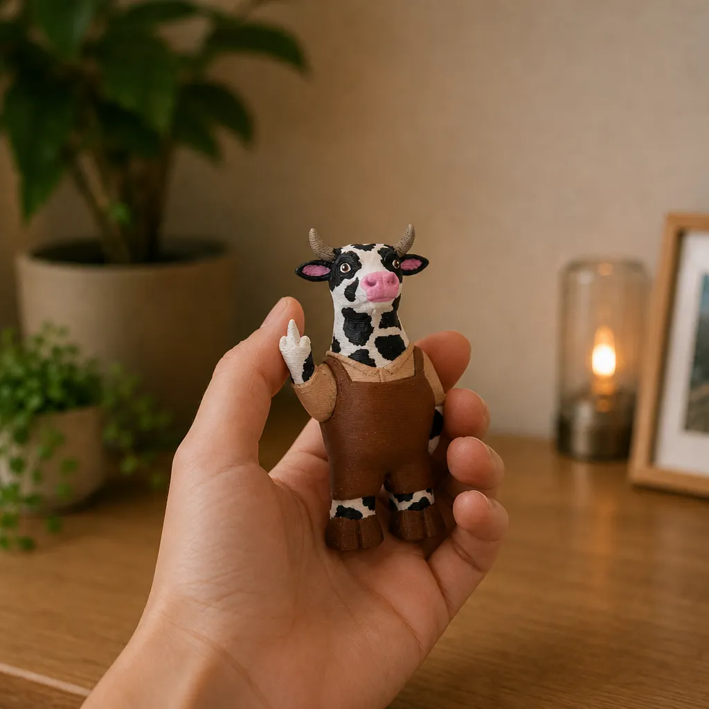 Koeienbeeldje met bruin tuinbroekje en opgeheven vinger wordt recht van voren in een hand vastgehouden.