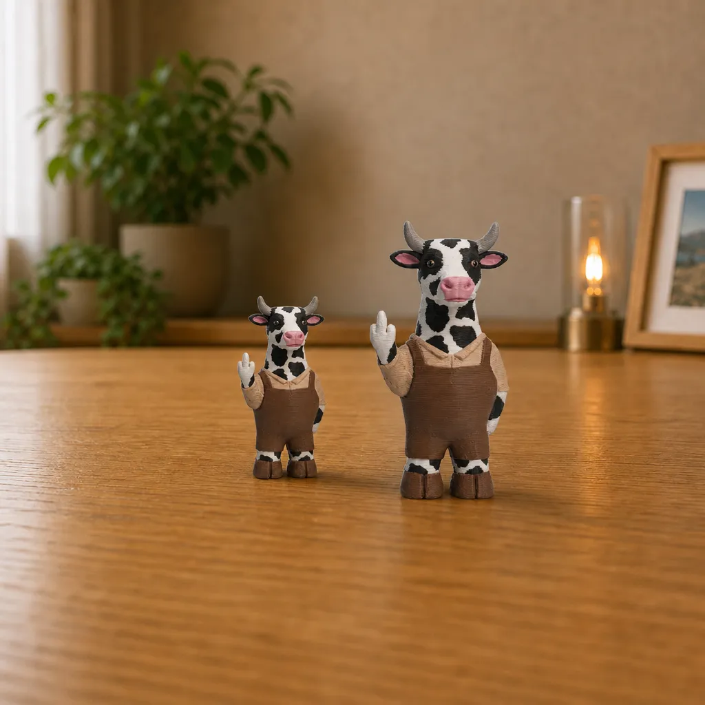 Twee staande koeienbeeldjes met opgeheven vinger staan naast elkaar op een houten bureau.