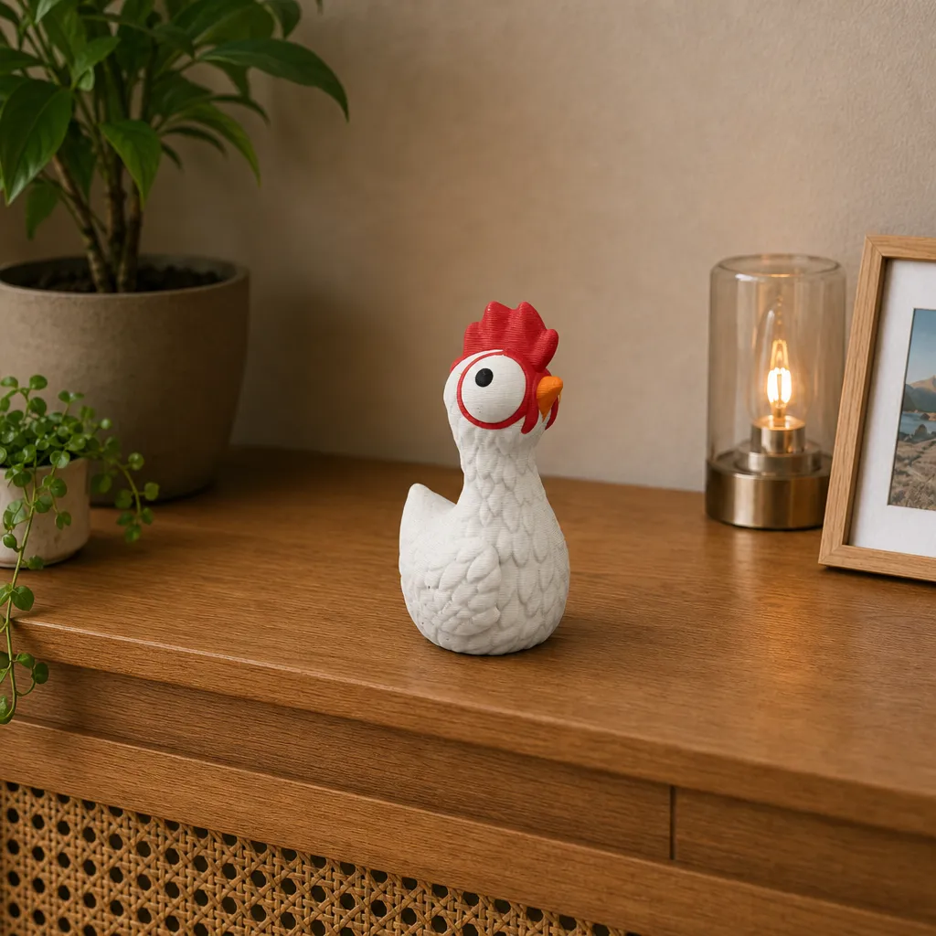 Kippenbeeldje op een houten kast naast een lamp, plant en ingelijste foto; de witte kip kijkt schuin omhoog.