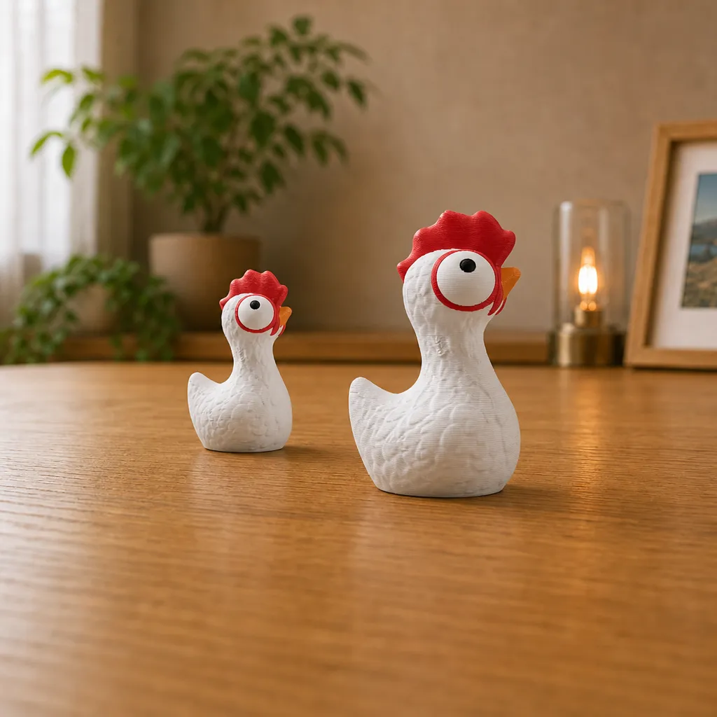 Twee witte kippenbeeldjes met rode kammen staan naast elkaar op een houten bureau, waarbij het rechter beeldje groter is.