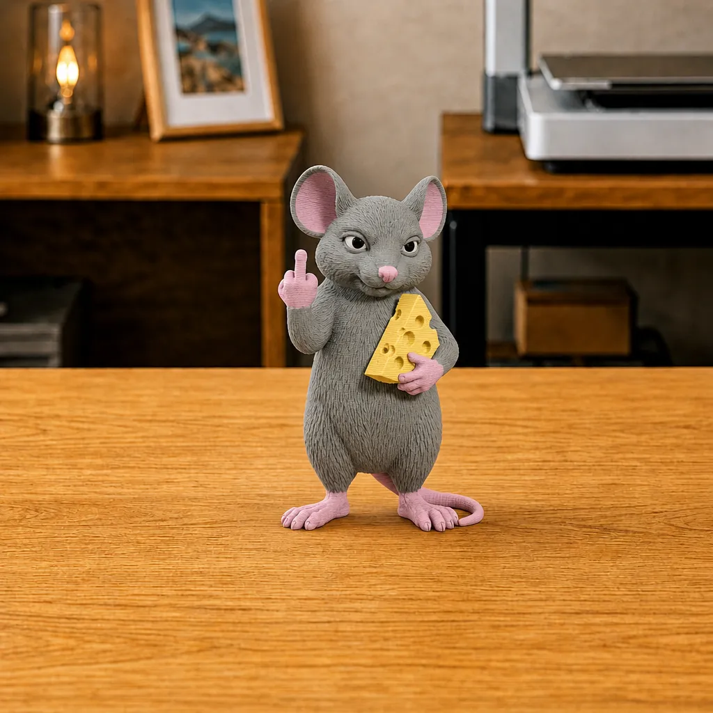 Asgrijze muis met een punt kaas en opgestoken middelvinger, recht van voren op een houten bureau.