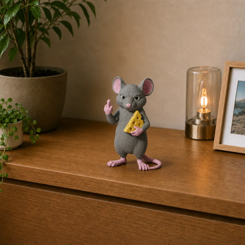 Muis met kaas staat op de rand van een houten plank, naast een plant en brandende lamp.