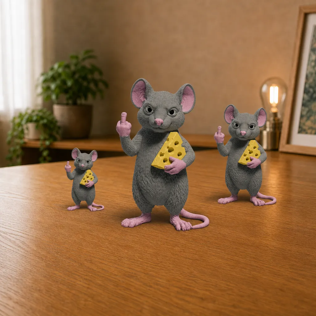 Set van drie grijze muizen met kaas op een bureau, met het grootste figuur vooraan in beeld.