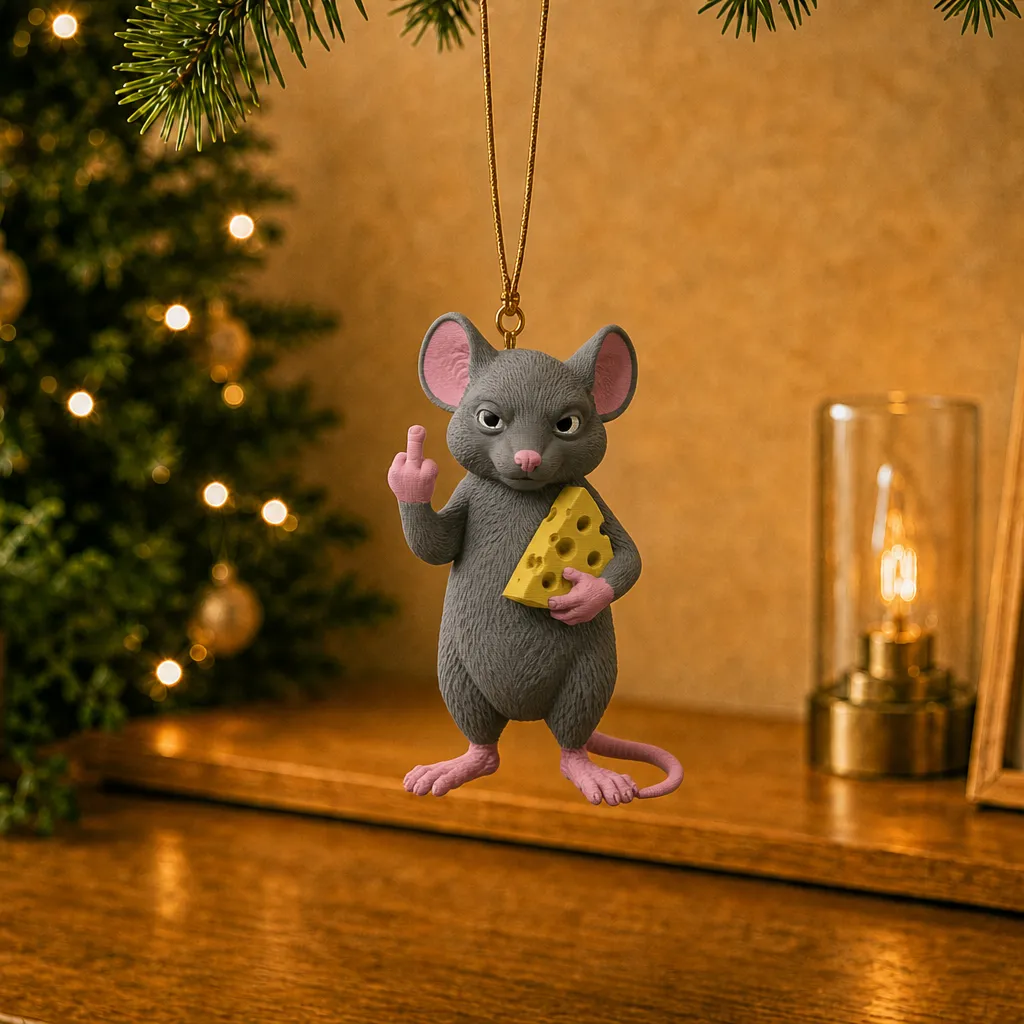 Muis met kaas hangt aan een gouden koord boven een houten plank, met een verlichte kerstboom op de achtergrond.