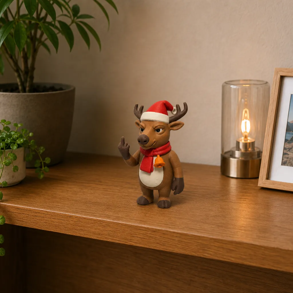 Driekwart van links toont dit 3D-geprinte rendier met attitude, perfect als humoristische kerstdecoratie of cadeau, gemaakt van PLA.