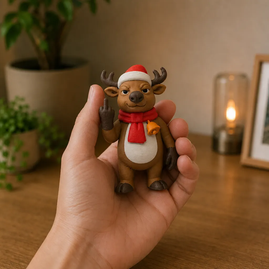 Driekwart van rechts toont dit 3D-geprinte rendier met attitude, gemaakt van matte PLA, perfect als humoristische kerstdecoratie.