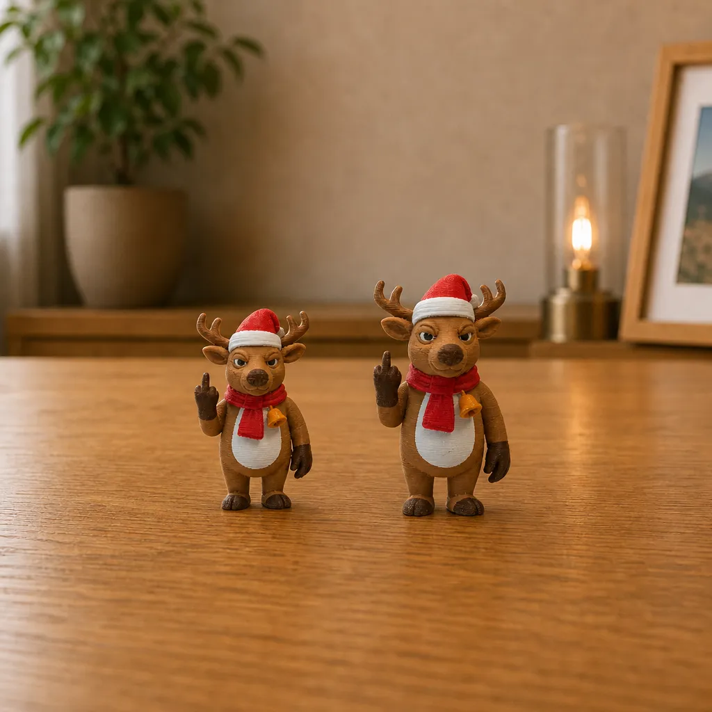 Driekwart aanzicht van 3D-geprint rendier met attitude, perfect als humoristische kerstdecoratie of cadeau, gemaakt van Bambu PLA Matte