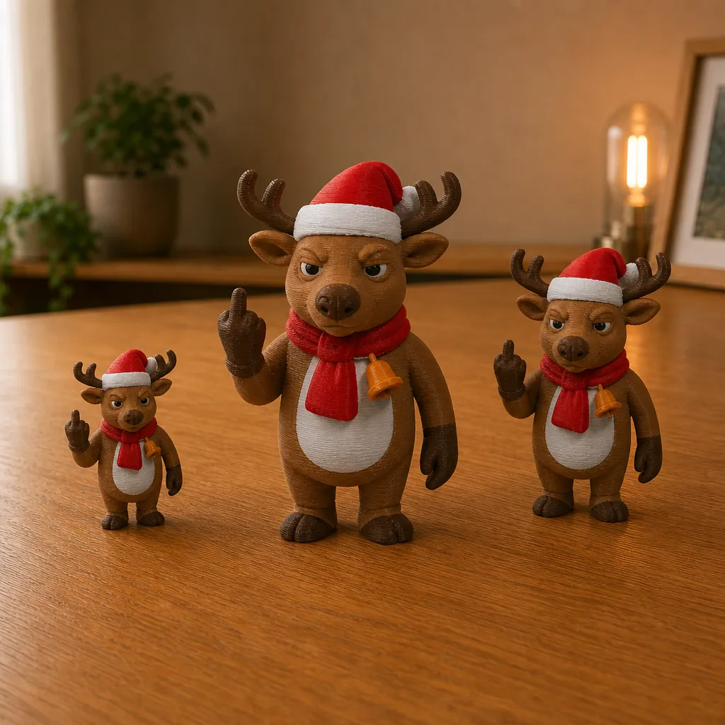 Drie formaten van het 3D-geprinte rendier met attitude in Bambu PLA op een bureau, perfect als humoristische kerstdecoratie of cadeau