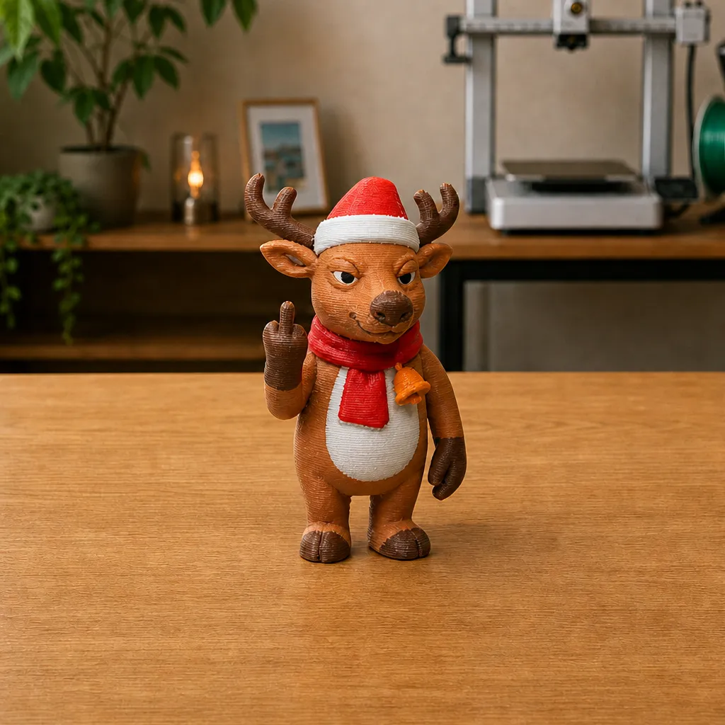 Vooraanzicht van een 3D-geprint rendier met attitude in Bambu PLA, perfect als humoristische kerstdecoratie of bureaudeco.