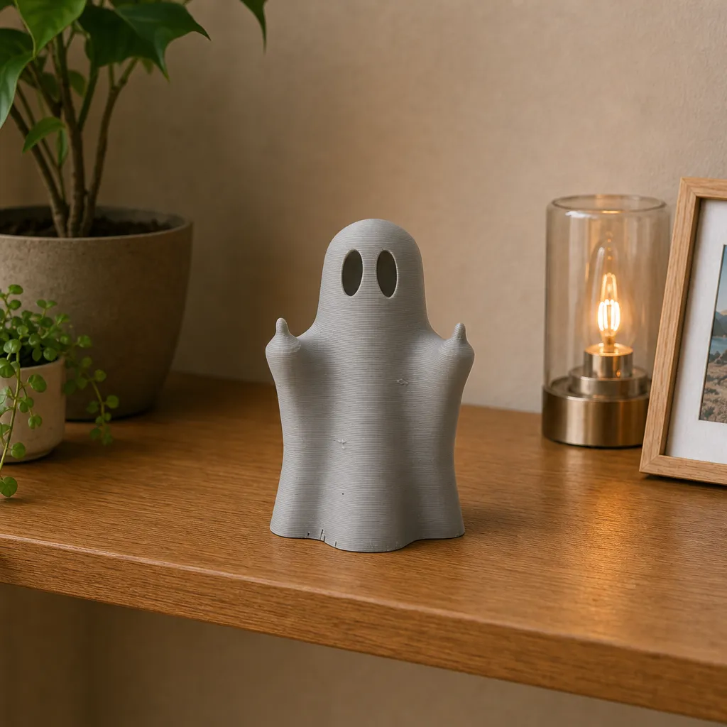 Staand wit spookbeeldje als halloween decoratie op een houten plank, gefotografeerd naast een glazen tafellamp en plant.