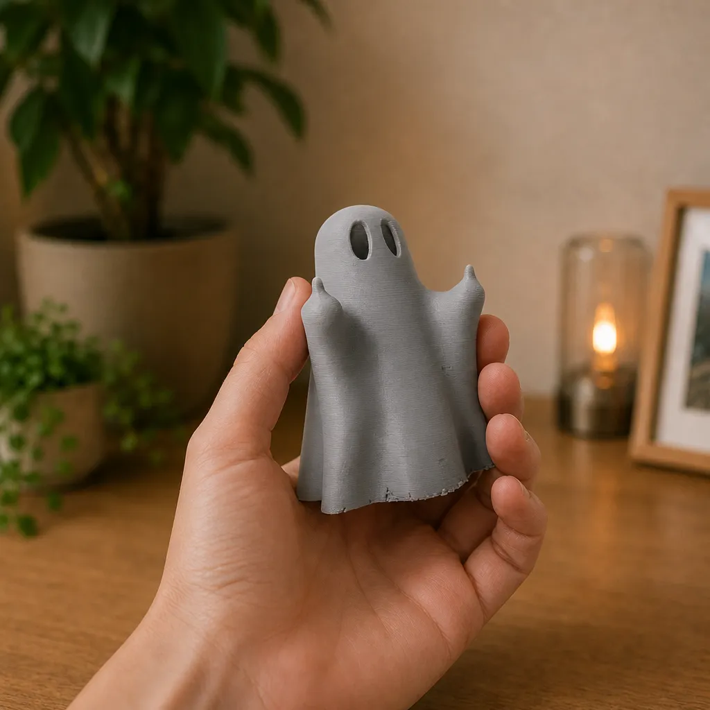 Wit spookbeeldje met attitude in een hand gehouden, met zicht op de donkere ogen, opgestoken middelvingers en golvende onderrand.