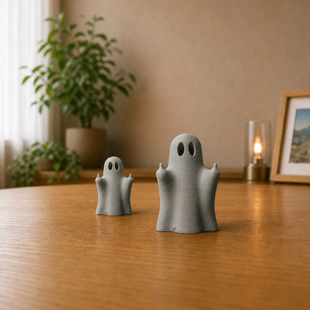 Twee witte spookbeeldjes op een houten bureau, waarbij het kleinere exemplaar links naast het grotere spookje met gebaar staat.