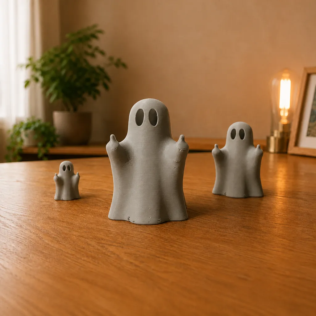 Drie witte spookbeeldjes als halloween decoratie op een houten plank, met het grootste exemplaar centraal op de voorgrond.