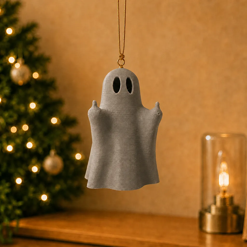 Wit spookbeeldje met donkere ogen en opgestoken middelvingers, hangend aan een goudkleurige ketting voor een verlichte kerstboom.