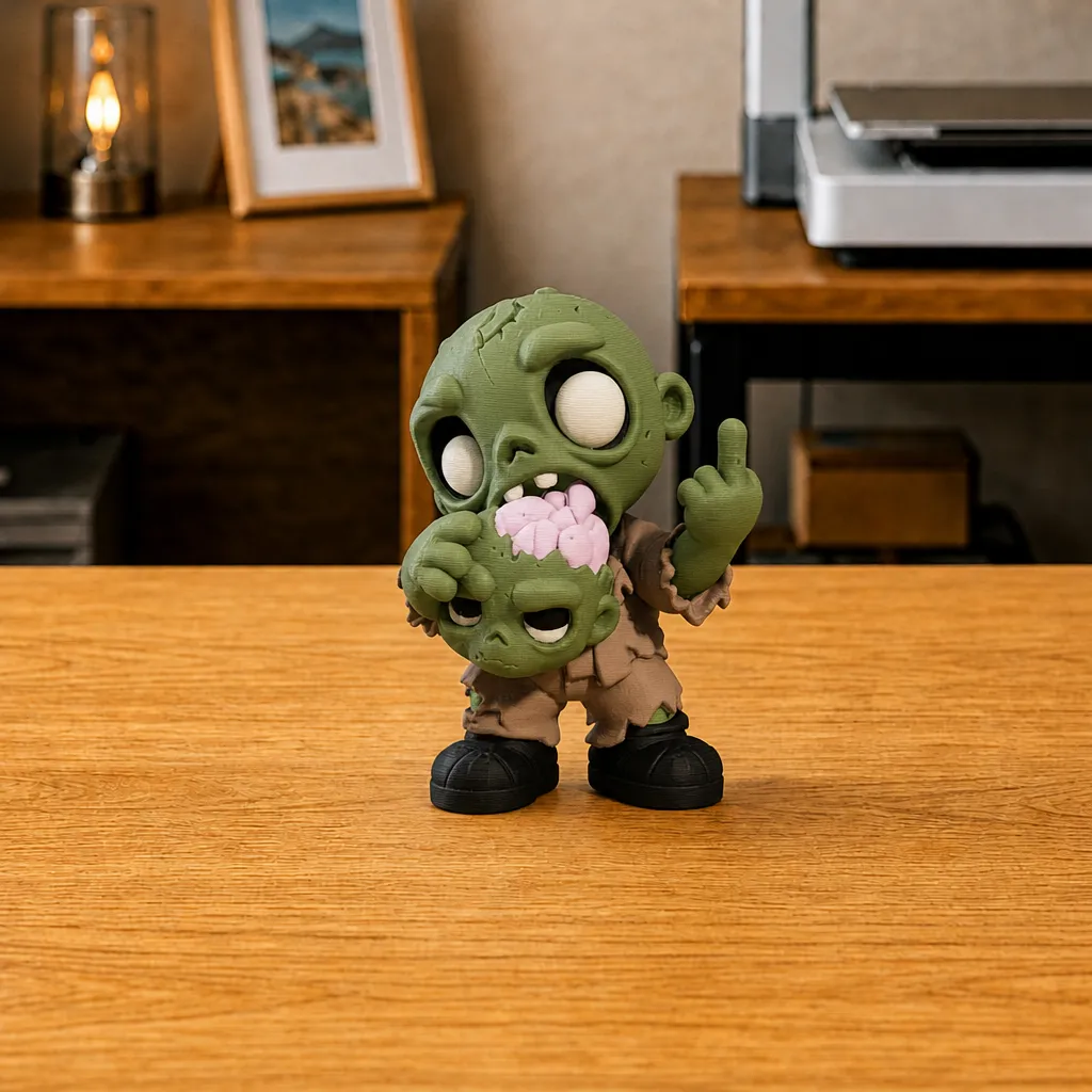 Zombie met attitude met roze hersens, zwarte schoenen en opgestoken middelvinger op een houten bureau.