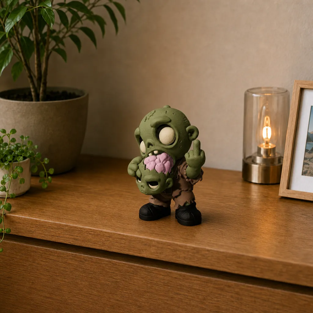 Zombie met attitude op de rand van een houten bureau, met roze hersens en een brandende lamp ernaast.