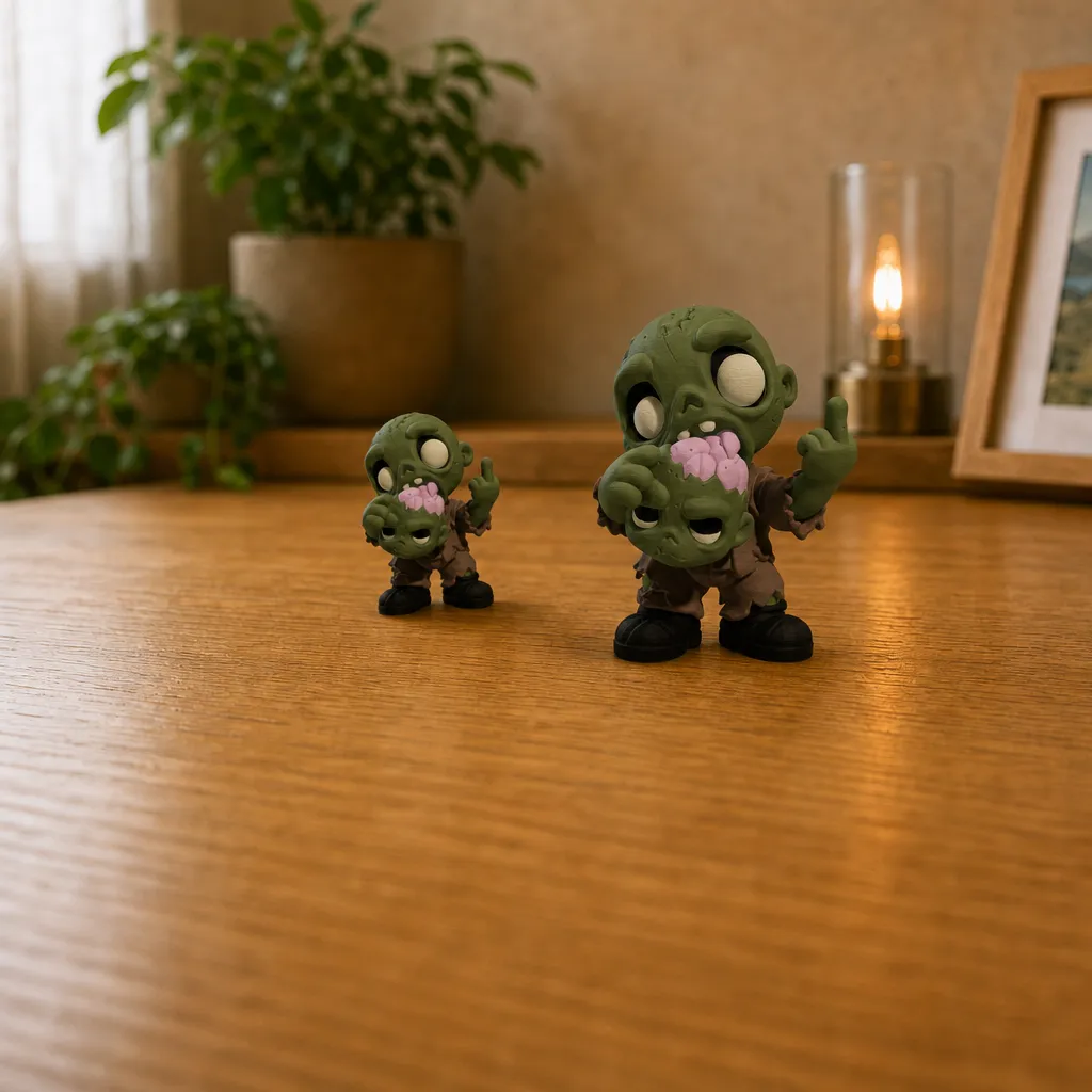 Twee exemplaren van de zombie met attitude naast elkaar op een houten bureau, waarvan één duidelijk kleiner is.