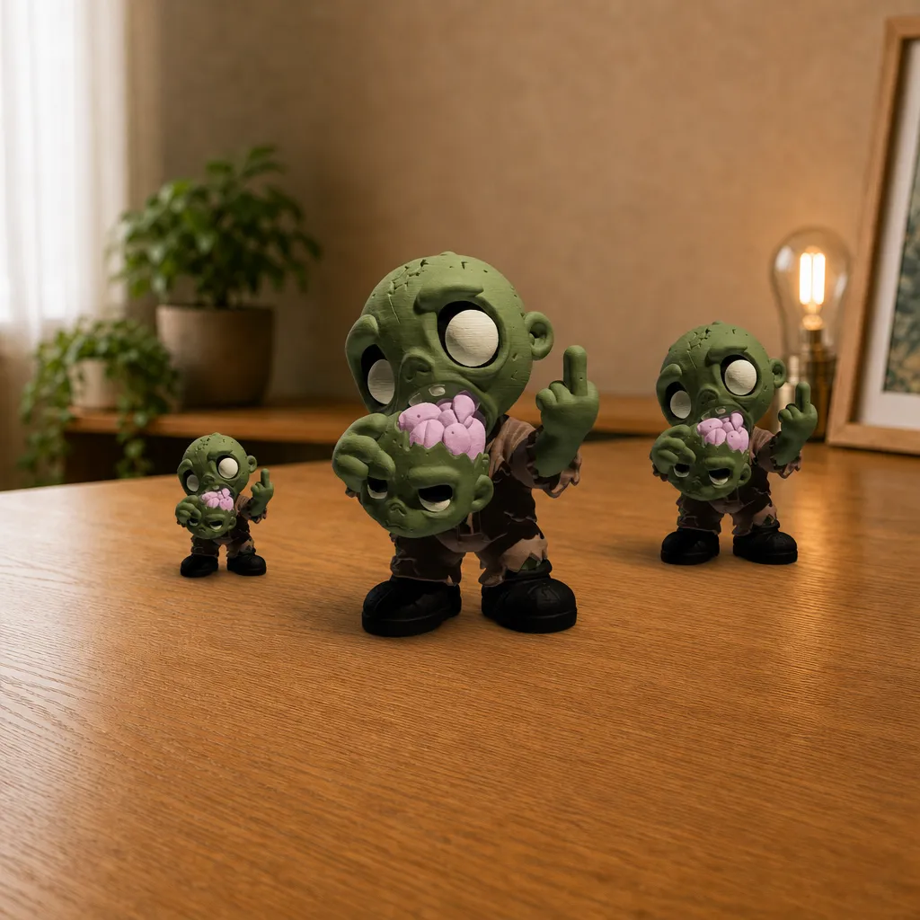 Drie zombie met attitude-beeldjes op een houten bureau, met het grootste exemplaar vooraan in het midden.