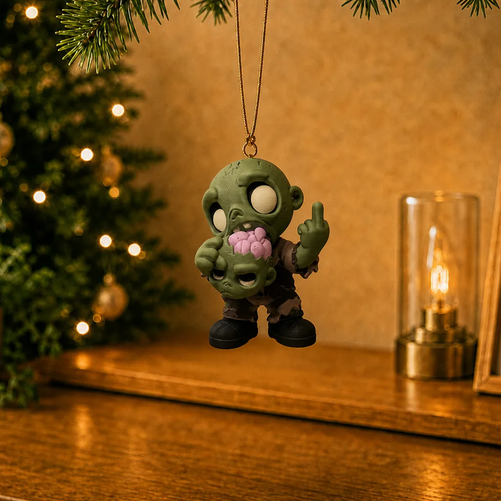 Zombie met attitude hangend aan een ketting, met roze hersens, zwarte schoenen en een opgestoken middelvinger.